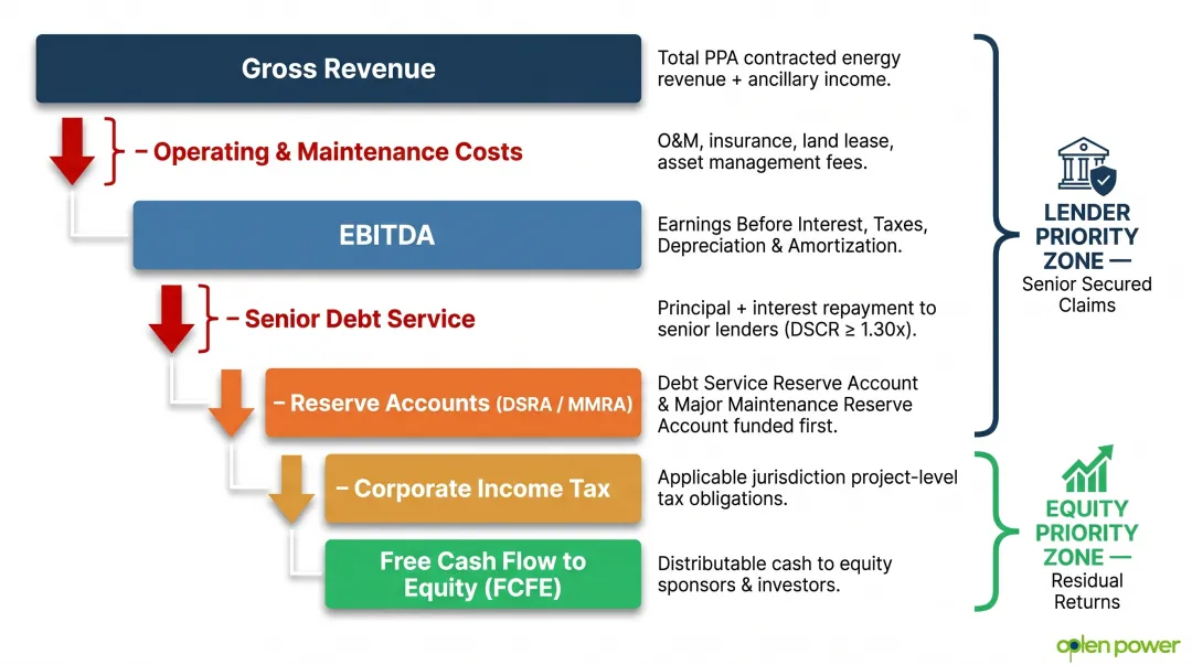 PPA project finance cash flow waterfall seven-step priority distribution sequence