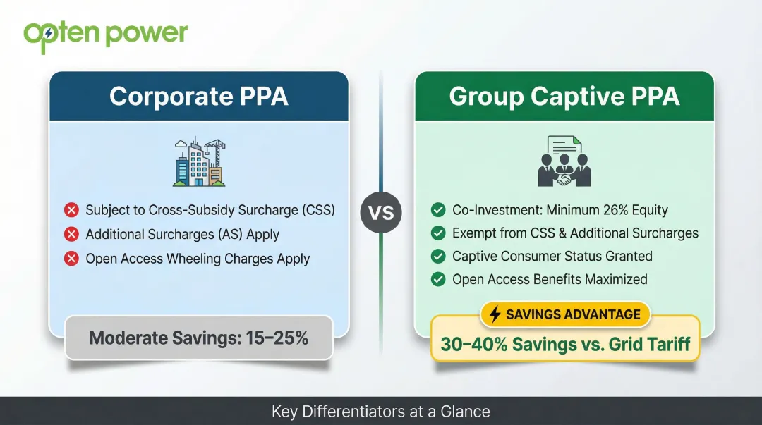 Corporate PPA versus group captive PPA structure comparison side-by-side India