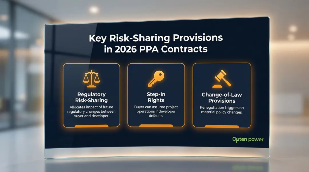 Solar PPA contract risk-sharing provisions regulatory step-in change-of-law clauses breakdown
