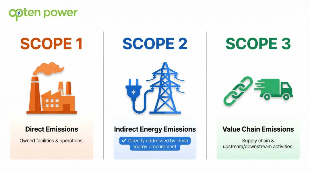 Three corporate emissions scopes infographic showing Scope 1 2 and 3 definitions