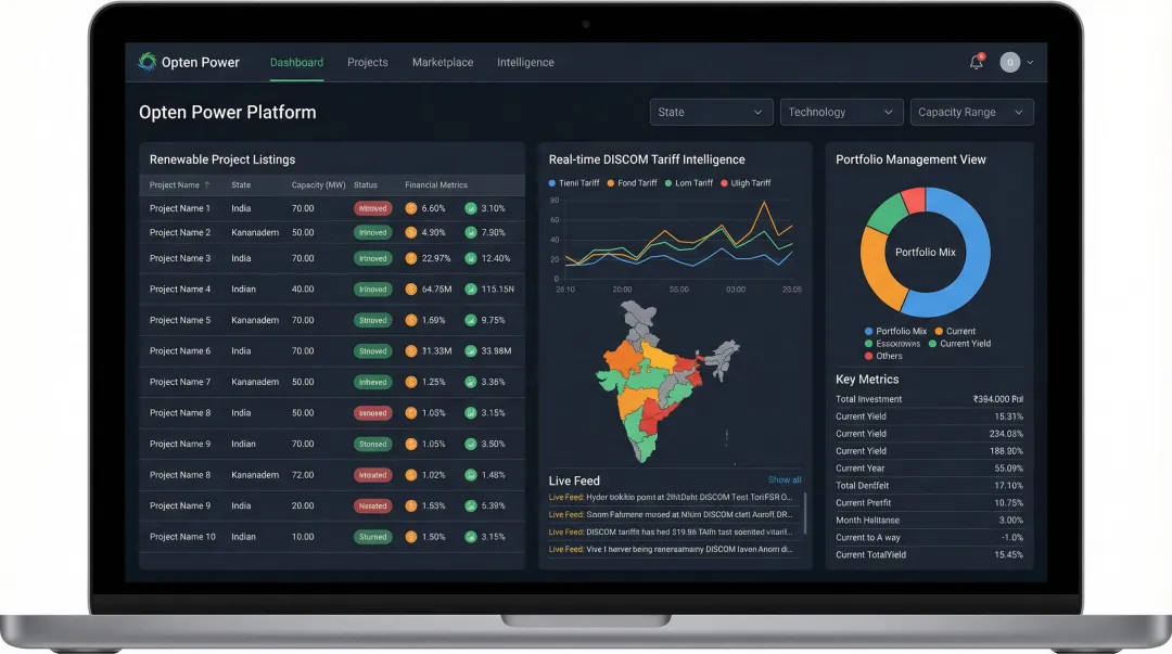 Opten Power clean energy marketplace dashboard showing renewable projects and DISCOM tariff data