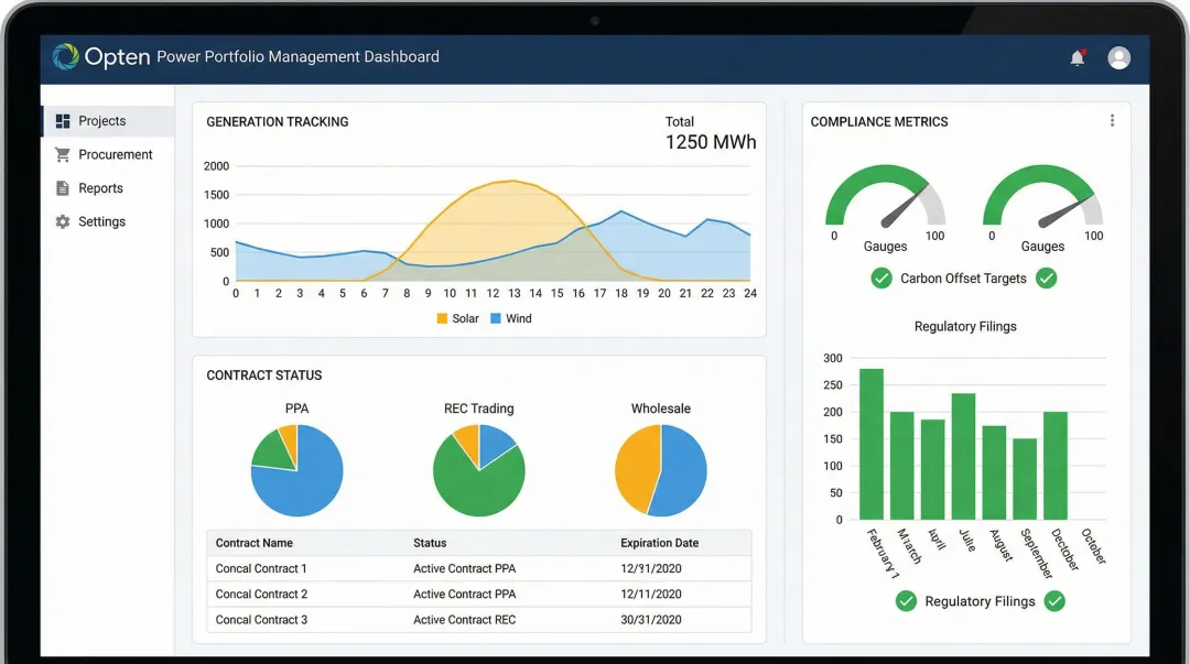 Opten Power portfolio management dashboard consolidating renewable energy assets and contract data