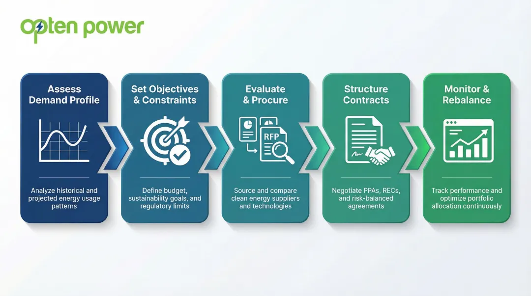 5-step clean energy portfolio build and management process flow infographic