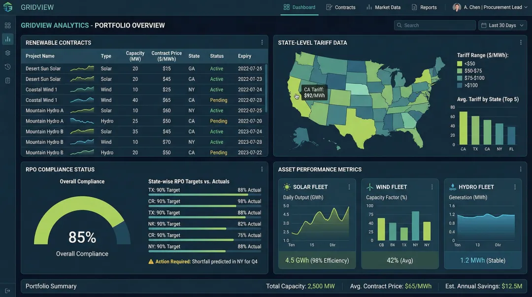 Energy procurement portfolio management dashboard displaying multi-state contracts and renewable asset data