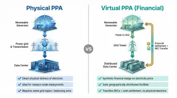 Physical PPA versus virtual PPA structure comparison for data center procurement