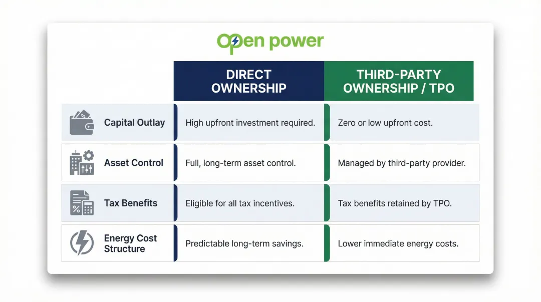 Direct ownership versus third-party ownership solar financing comparison table infographic