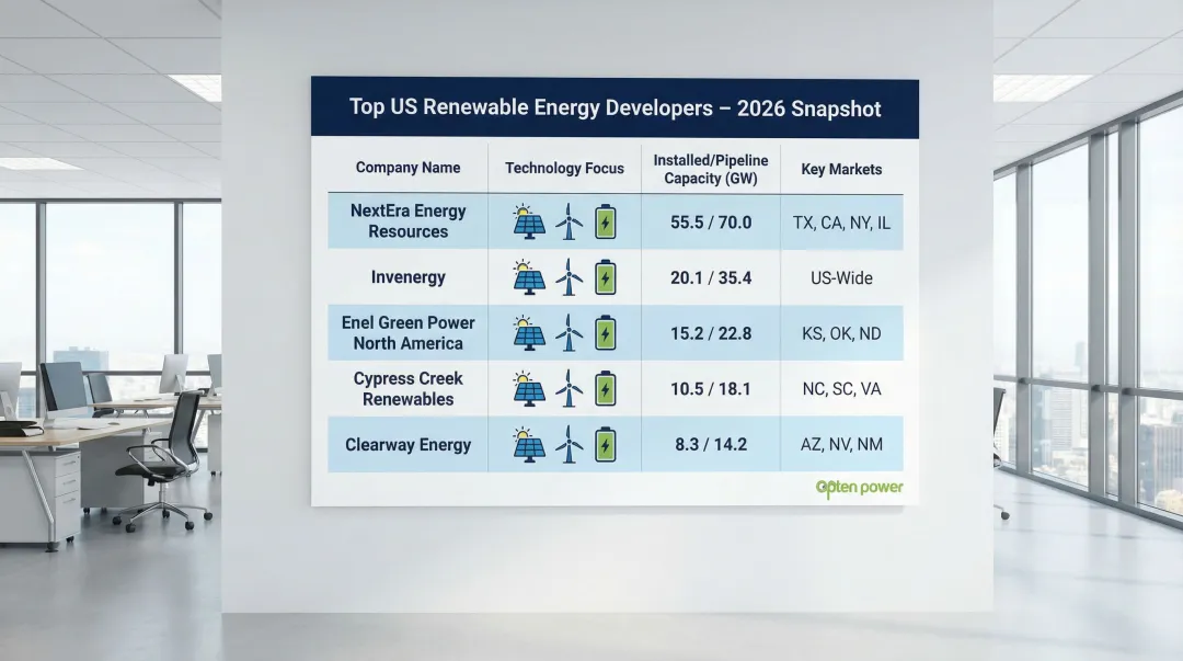 Top 5 US renewable energy developer comparison chart capacity pipeline and geography
