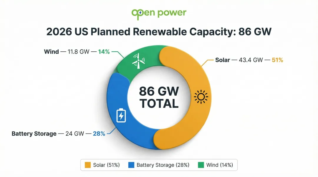2026 US planned renewable energy capacity breakdown by technology type infographic