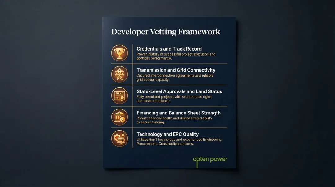 Renewable energy developer due diligence checklist covering five evaluation criteria