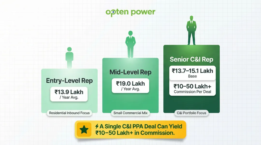 Solar sales earnings tiers in India from entry level to senior C&I representative