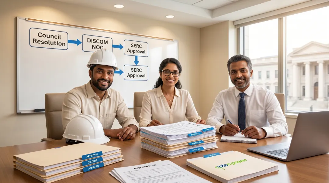 Municipal procurement team navigating multi-department approval process with regulatory documents