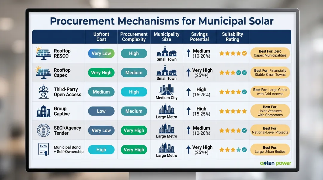 Six municipal clean energy procurement mechanisms comparison chart with cost and complexity