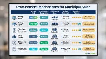 Six municipal clean energy procurement mechanisms comparison chart with cost and complexity