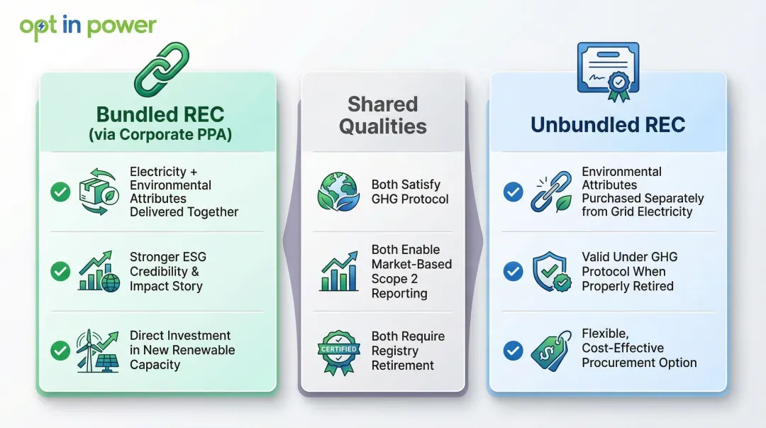 Bundled versus unbundled renewable energy certificate procurement ESG comparison