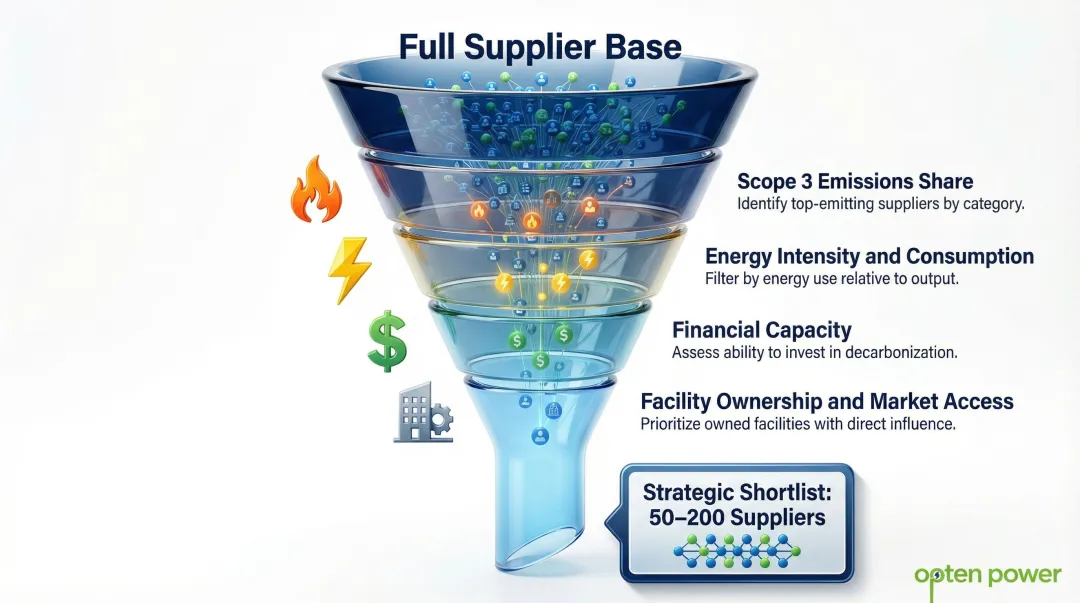 Supplier prioritization framework four-criteria shortlisting process for renewable energy programs