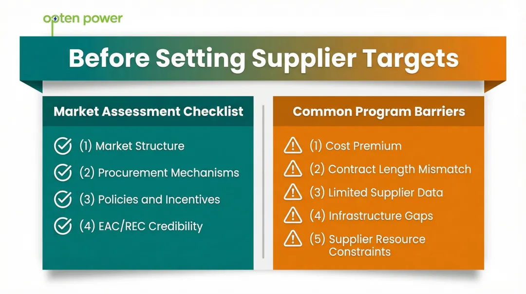 Renewable energy program goal-setting barriers and market assessment checklist infographic