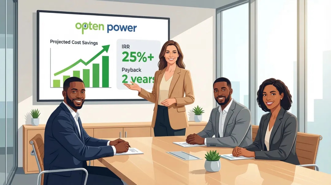 Procurement manager presenting renewable energy business case to factory supplier team