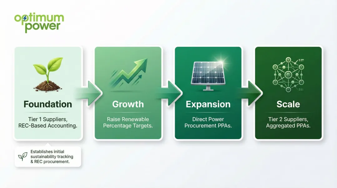 Four-stage renewable energy supplier program maturity and scaling roadmap infographic