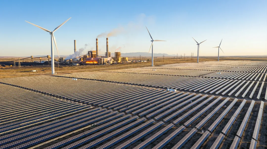 Large-scale industrial solar and wind hybrid energy installation serving heavy manufacturing plant