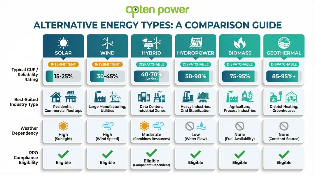 Six alternative energy types comparison chart with CUF reliability and industrial suitability