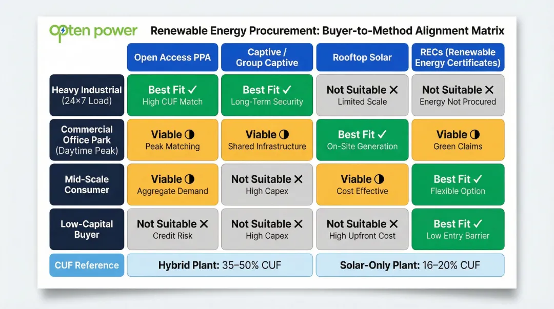 C&I buyer procurement method selection matrix based on load profile and goals