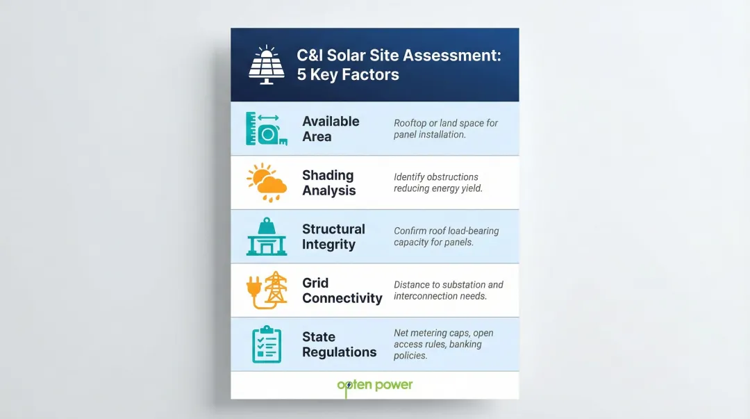 Five-factor C&I solar site assessment checklist process flow infographic