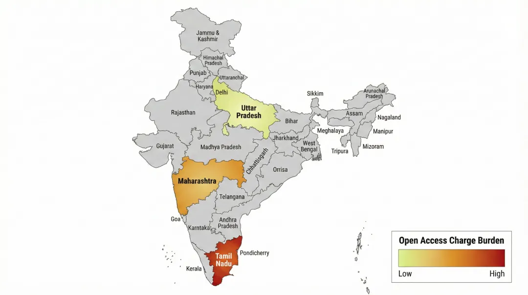 India state regulatory map highlighting open access solar charge variations by region
