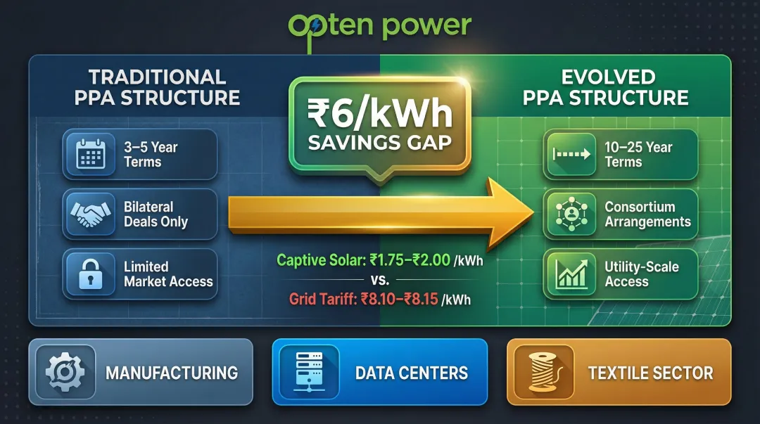 Corporate PPA evolution from short-term to 25-year contracts with savings comparison