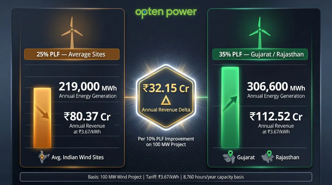 PLF impact on 100MW wind project annual revenue at 25 percent versus 35 percent