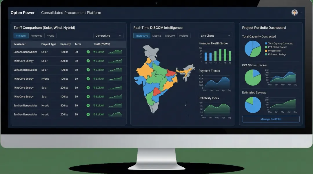 Opten Power renewable energy procurement platform showing tariff comparison and project dashboard
