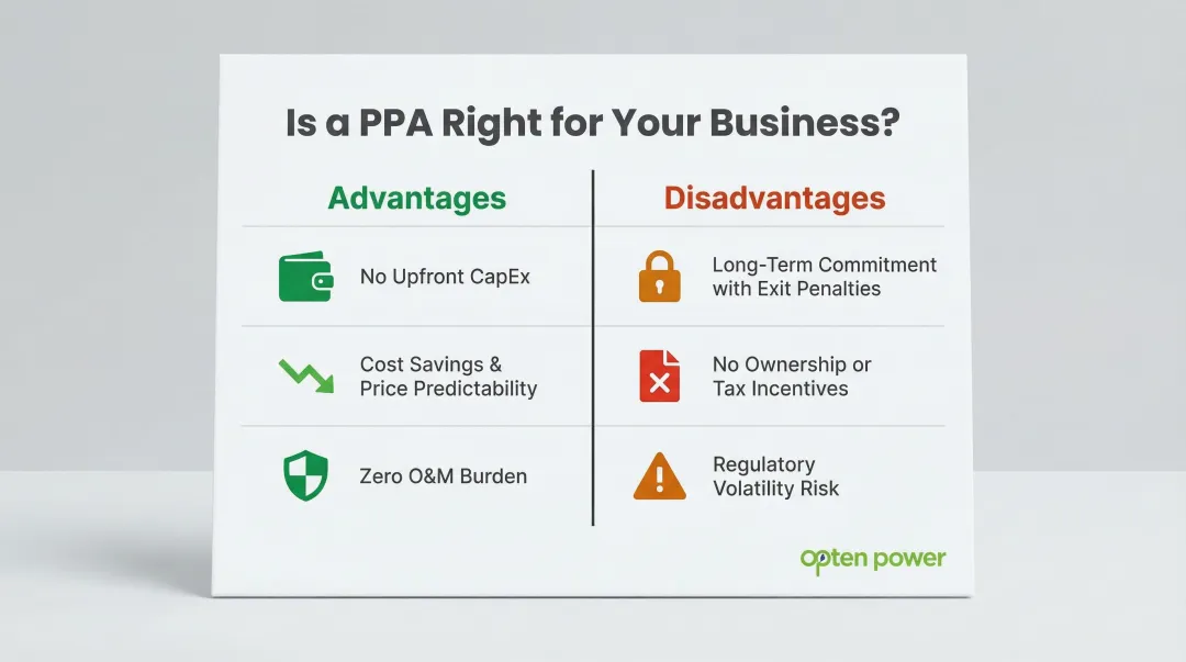 PPA advantages versus disadvantages side-by-side comparison infographic for C&I buyers