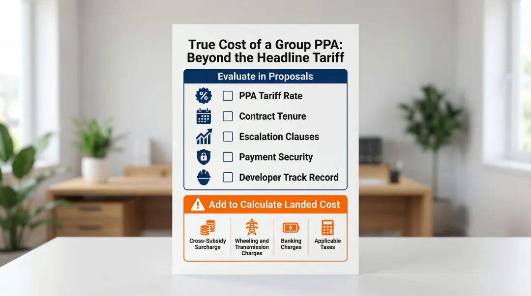 PPA evaluation checklist showing tariff components and landed cost calculation breakdown