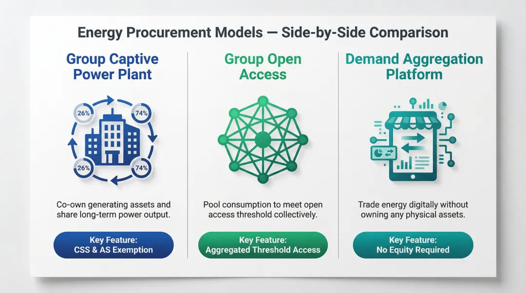 Three group energy procurement models comparison for small businesses infographic
