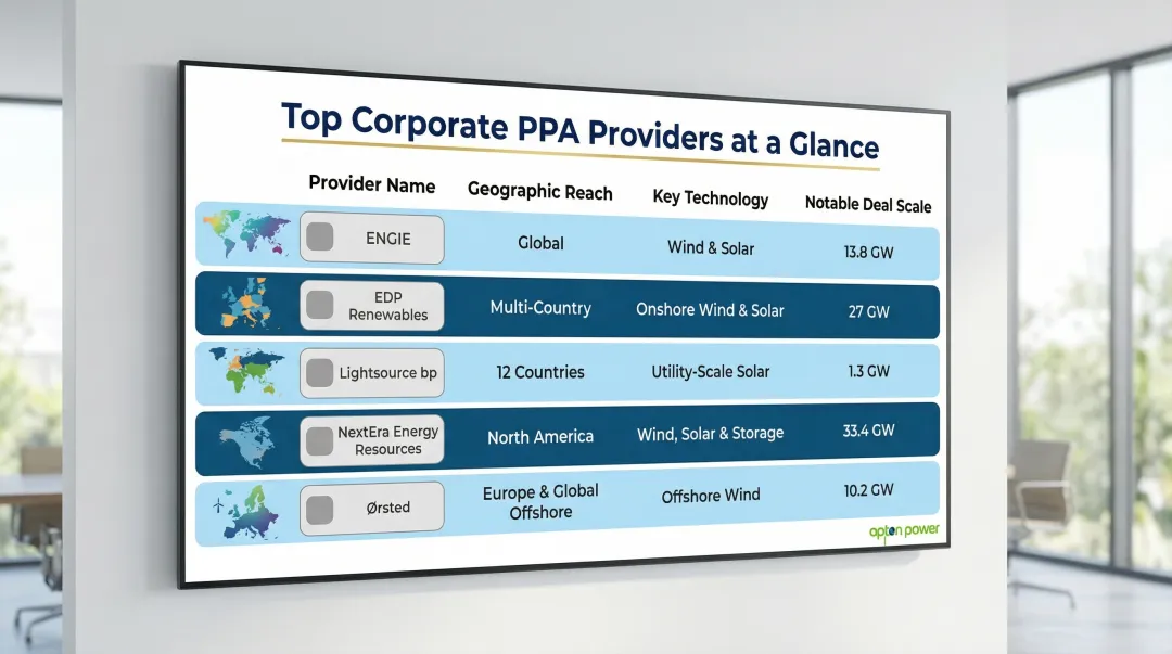 Top five global corporate PPA providers compared by capacity geography and deal structure