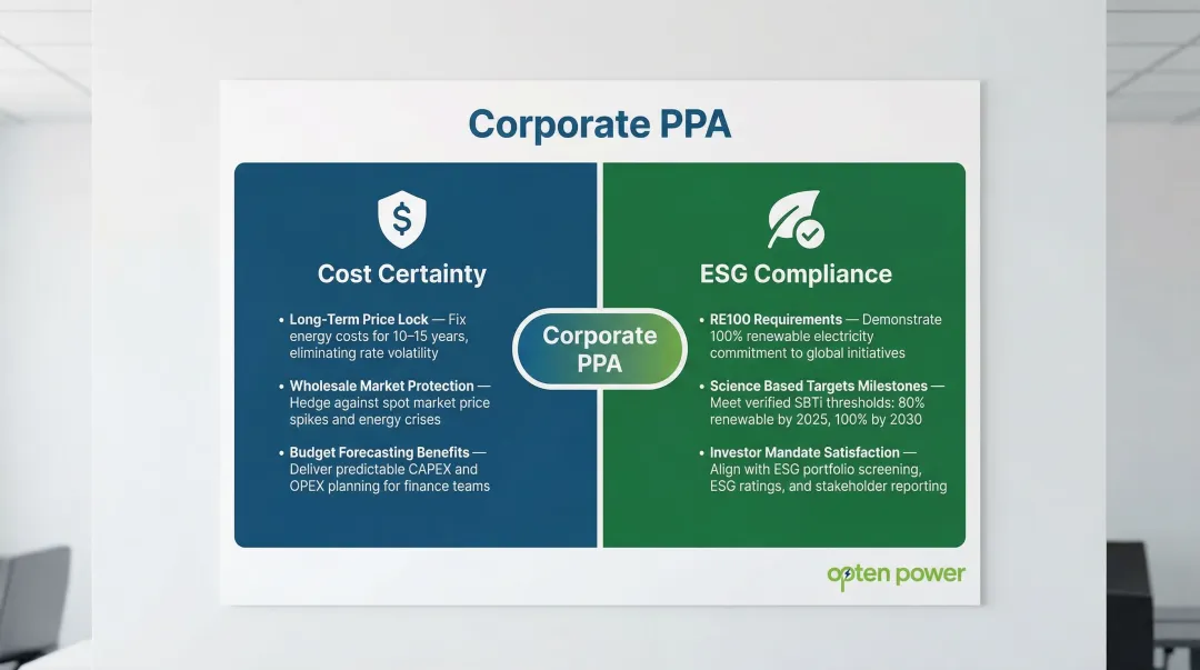 Corporate PPA dual business case cost certainty versus ESG compliance comparison infographic