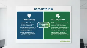Corporate PPA dual business case cost certainty versus ESG compliance comparison infographic