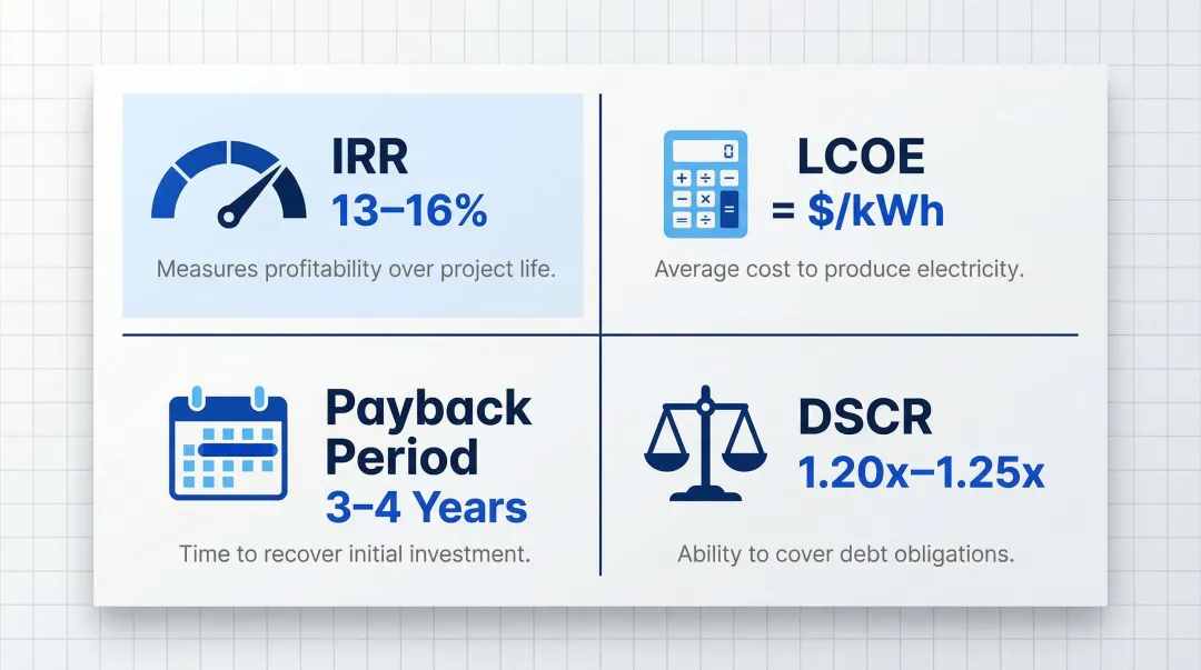 Four core renewable energy financial metrics IRR LCOE DSCR payback period explained