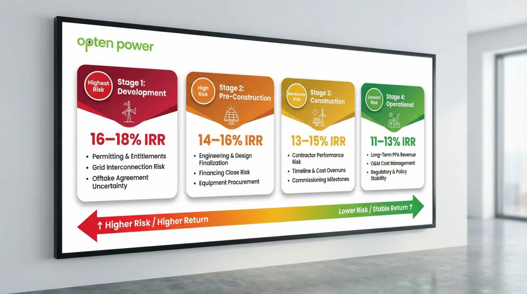 Four-stage renewable energy project lifecycle risk and IRR return profile comparison