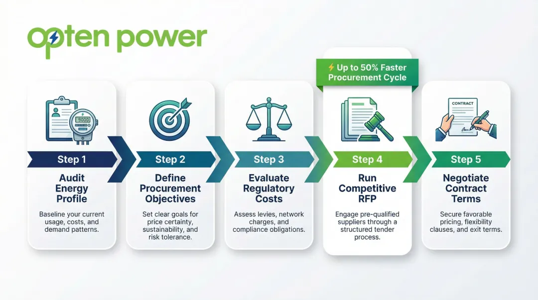 Five-step business electricity procurement strategy process flow infographic India