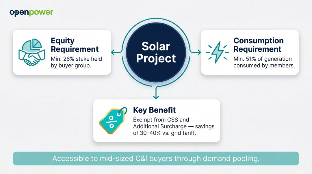 Group Captive solar model structure showing equity stake consumption and cost savings requirements