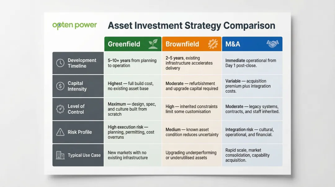 Greenfield brownfield and M&A asset type comparison table infographic