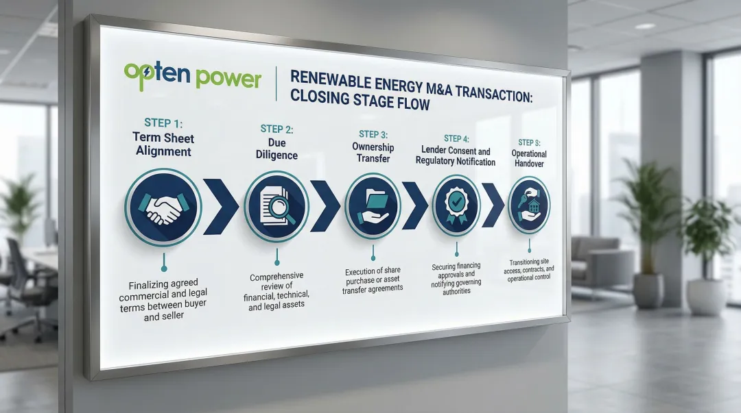 Renewable energy asset deal closing process five coordinated steps infographic