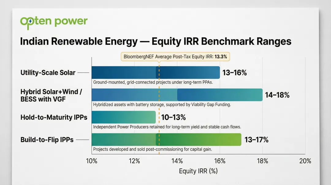 India renewable energy equity IRR benchmark ranges by project type infographic