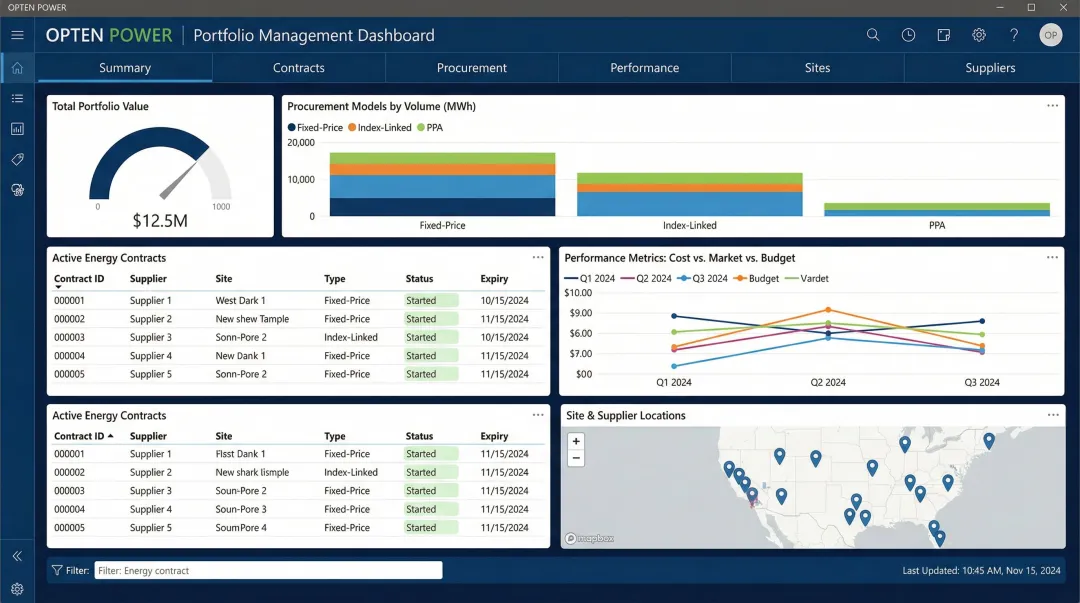 Opten Power portfolio management dashboard displaying renewable energy contracts and performance metrics
