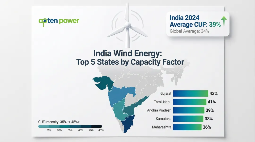 India onshore wind capacity factor comparison across top five wind states map