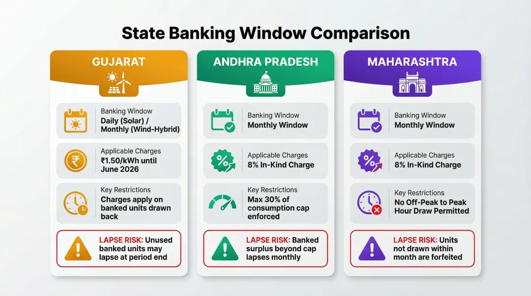 State-wise renewable energy banking policy comparison India Gujarat Andhra Pradesh Maharashtra
