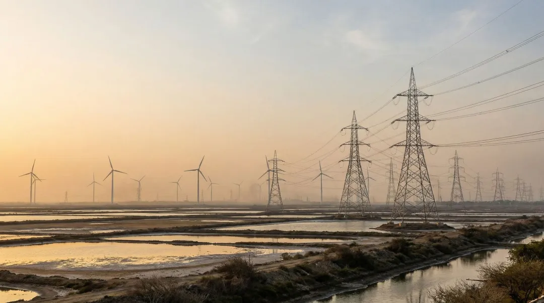 Renewable energy grid curtailment scenario showing wind turbines and transmission infrastructure