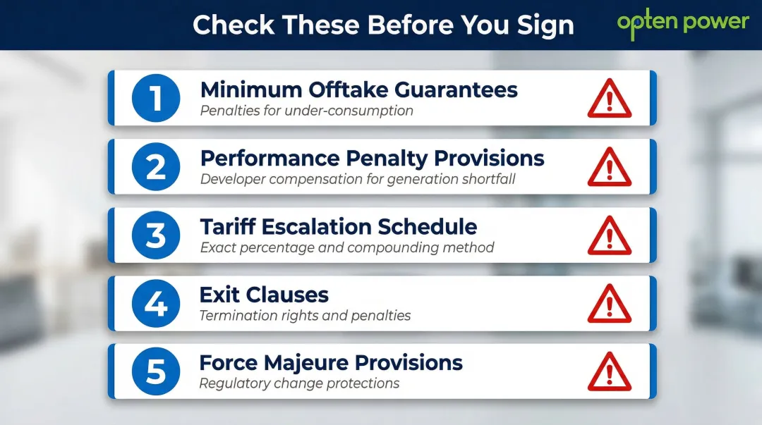 Five critical PPA contract clauses checklist for C&I solar buyers before signing