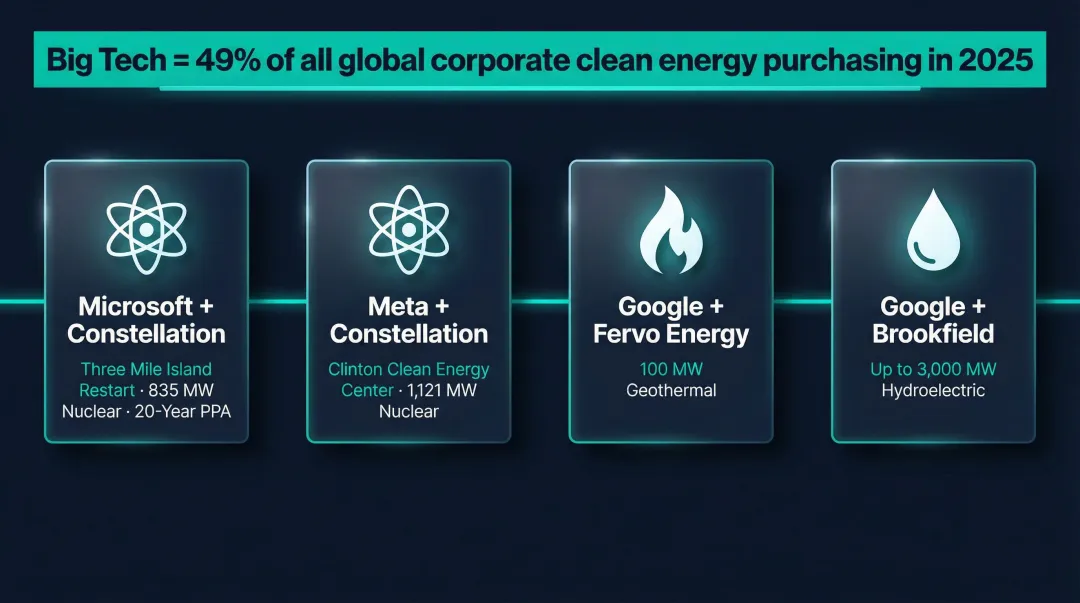 Big Tech hyperscaler 2025 firm power deals nuclear hydro geothermal timeline infographic