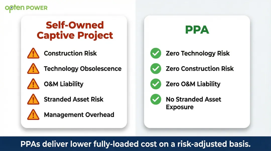 Self-owned captive solar project versus PPA risk and cost comparison side-by-side